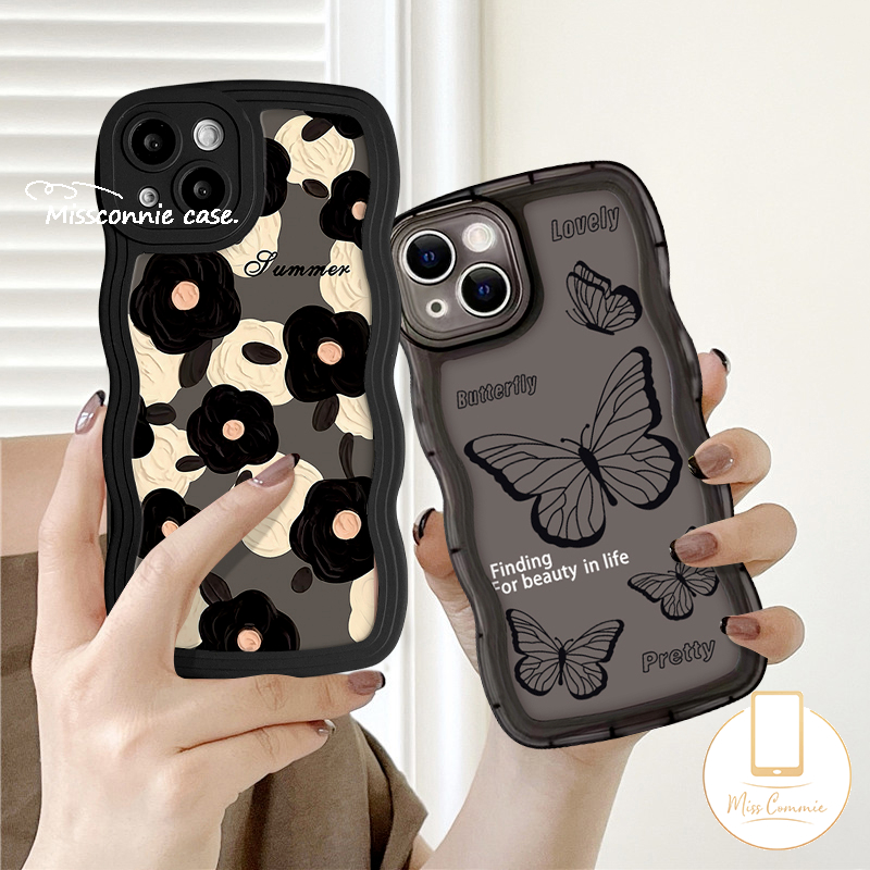 Casing Soft Case Redmi 12C 9 10 9T 10C 10A 9A A1+9C NFC Mi 11T Redmi Note 10 10s 11 Pro+Note 9 Pro 11s 8 Note10 Pro Max Plus Wavy Edge Fashion Flower Retro Black Butterfly Case