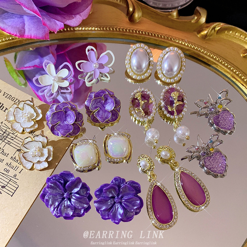 Anting Tusuk Bunga Ungu Gaya Korea Anting Wanita Fashion Jewelry
