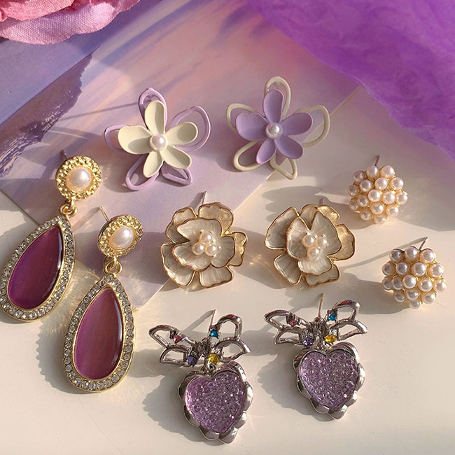 Anting Tusuk Bunga Ungu Gaya Korea Anting Wanita Fashion Jewelry