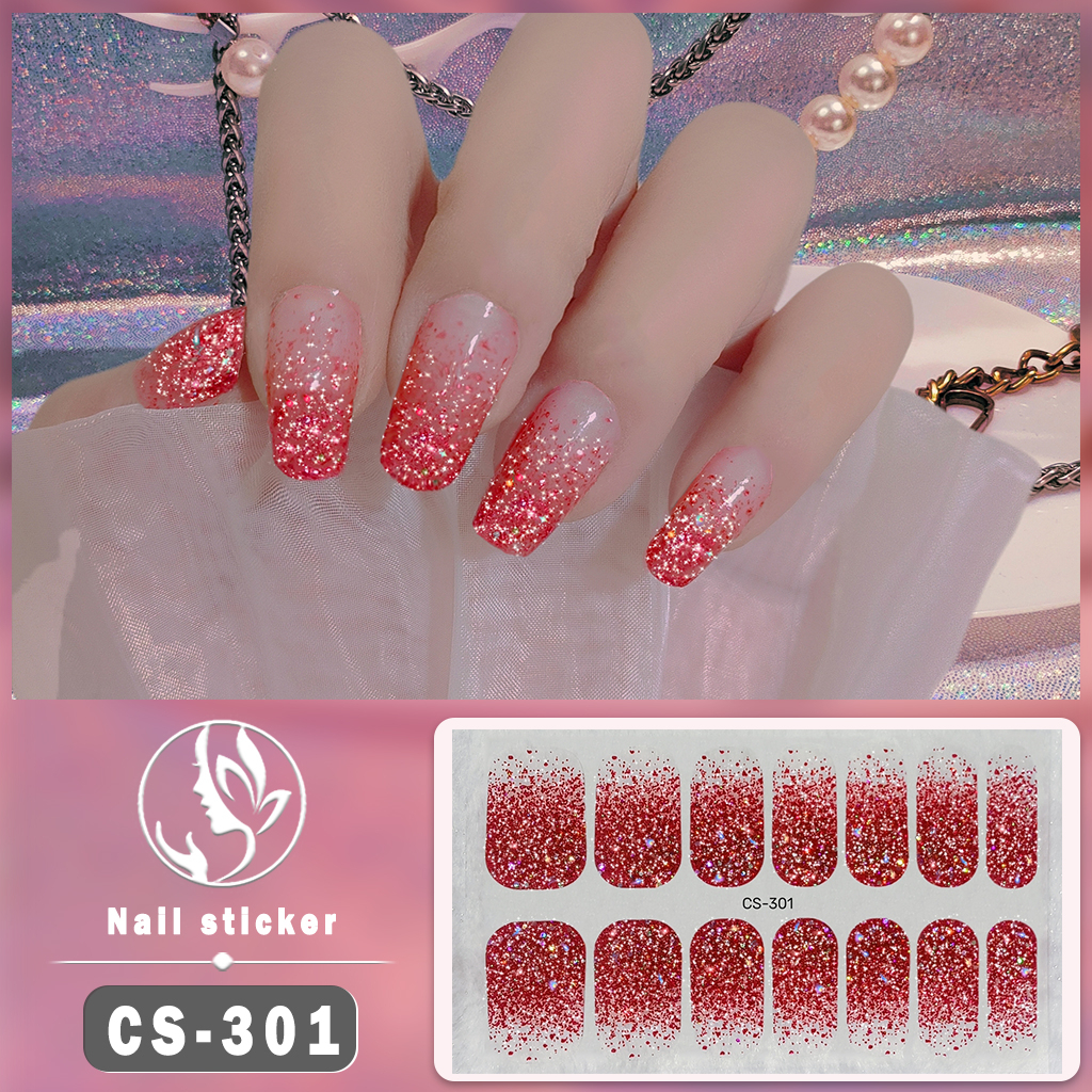 Cs High-end Stiker Kuku Glitter Bubuk Warna Solid Gradien Lompat Warna Tahan Air Tahan Lama Kuku Stiker Penuh Tongkat Kreatif nail art DIY