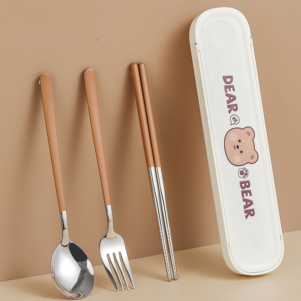 3pcs/set Set Alat Makan Bahan Stainless Steel Dengan Sendok Garpu Dan Sumpit Untuk Travel Dan Pelajar