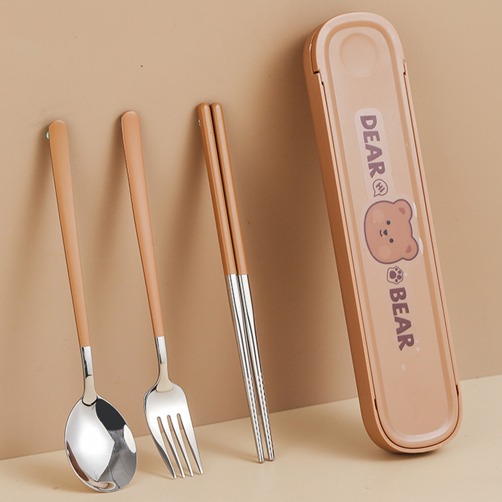 3pcs/set Set Alat Makan Bahan Stainless Steel Dengan Sendok Garpu Dan Sumpit Untuk Travel Dan Pelajar