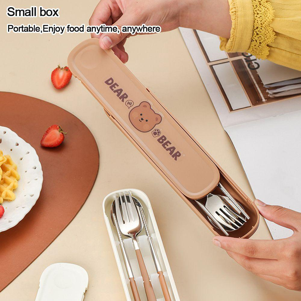 3pcs/set Set Alat Makan Bahan Stainless Steel Dengan Sendok Garpu Dan Sumpit Untuk Travel Dan Pelajar