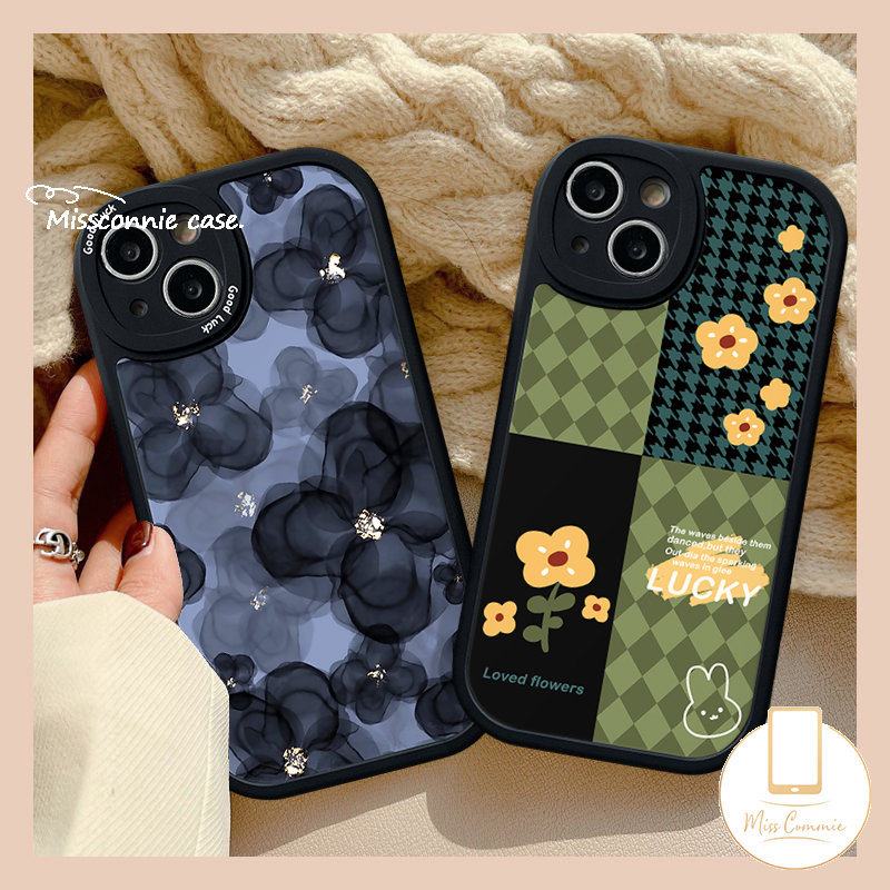 IPHONE Casing Ponsel Jahitan Kotak-Kotak Bunga Retro Pola Houndstooth Kompatibel Untuk Iphone7 8 Plus 6 6s Plus 11 12 13 14 Pro MAX XR X XS MAX Soft TPU Lensa Anti Jatuh All-inclusive Case