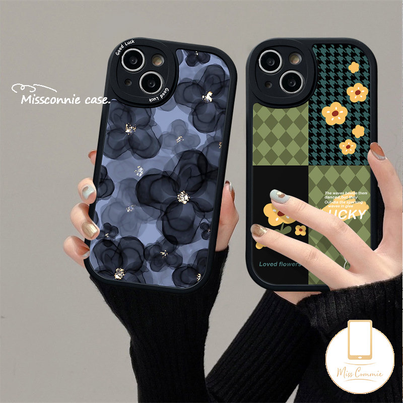 IPHONE Casing Ponsel Jahitan Kotak-Kotak Bunga Retro Pola Houndstooth Kompatibel Untuk Iphone7 8 Plus 6 6s Plus 11 12 13 14 Pro MAX XR X XS MAX Soft TPU Lensa Anti Jatuh All-inclusive Case