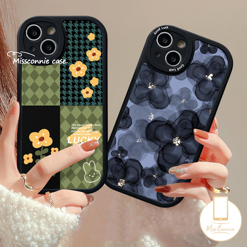 IPHONE Casing Ponsel Jahitan Kotak-Kotak Bunga Retro Pola Houndstooth Kompatibel Untuk Iphone7 8 Plus 6 6s Plus 11 12 13 14 Pro MAX XR X XS MAX Soft TPU Lensa Anti Jatuh All-inclusive Case