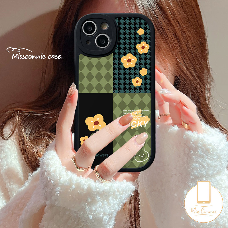 IPHONE Casing Ponsel Jahitan Kotak-Kotak Bunga Retro Pola Houndstooth Kompatibel Untuk Iphone7 8 Plus 6 6s Plus 11 12 13 14 Pro MAX XR X XS MAX Soft TPU Lensa Anti Jatuh All-inclusive Case