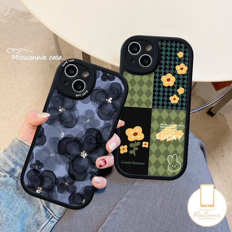 IPHONE Casing Ponsel Jahitan Kotak-Kotak Bunga Retro Pola Houndstooth Kompatibel Untuk Iphone7 8 Plus 6 6s Plus 11 12 13 14 Pro MAX XR X XS MAX Soft TPU Lensa Anti Jatuh All-inclusive Case