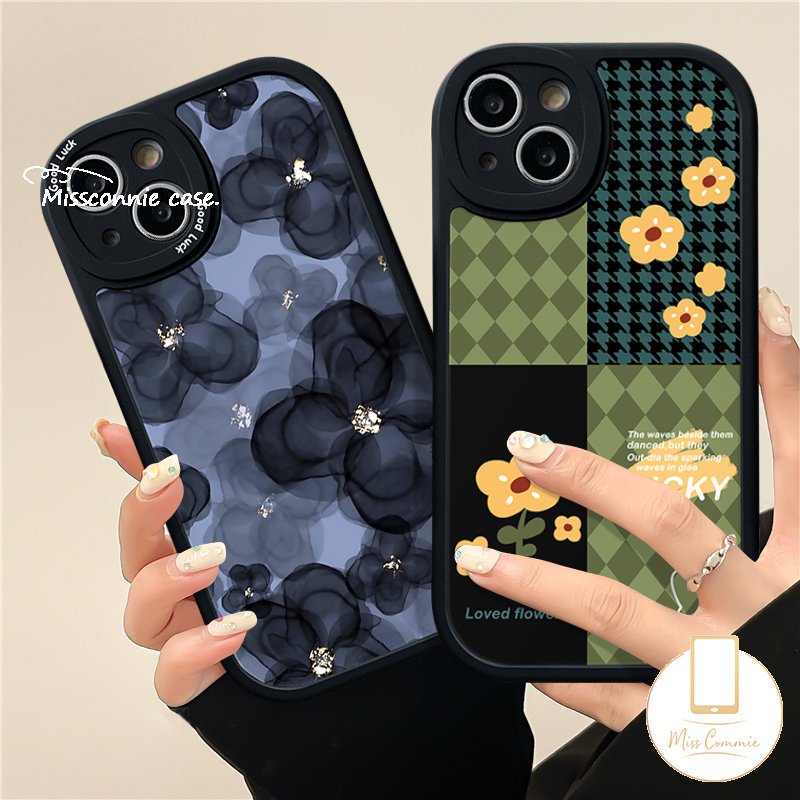 IPHONE Casing Ponsel Jahitan Kotak-Kotak Bunga Retro Pola Houndstooth Kompatibel Untuk Iphone7 8 Plus 6 6s Plus 11 12 13 14 Pro MAX XR X XS MAX Soft TPU Lensa Anti Jatuh All-inclusive Case