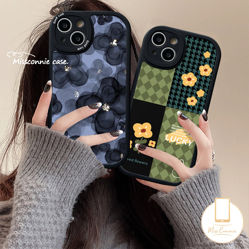 IPHONE Casing Ponsel Jahitan Kotak-Kotak Bunga Retro Pola Houndstooth Kompatibel Untuk Iphone7 8 Plus 6 6s Plus 11 12 13 14 Pro MAX XR X XS MAX Soft TPU Lensa Anti Jatuh All-inclusive Case