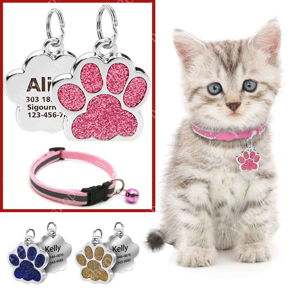 Tag Kucing Anjing Pribadi Terukir Kucing Anjing Anjing Anjing Peliharaan ID Nama Kerah Tag Liontin Aksesoris Hewan Peliharaan Paw Glitter Pendant