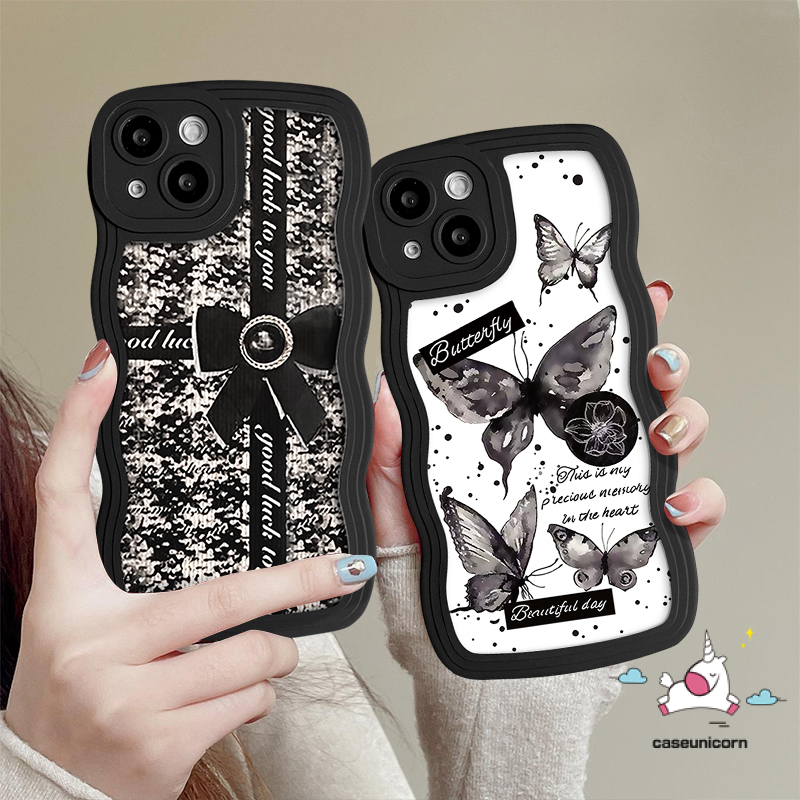 Casing Ponsel Kompatibel Untuk iPhone 7Plus 6s 6 7 8 Plus 11 13 12 14 Pro Max XR X XS Max14 Plus SE 2020 Mewah Hitam Retro Busur-Simpul Kupu-Kupu Lembut Bergelombang Tepi Penutup Belakang