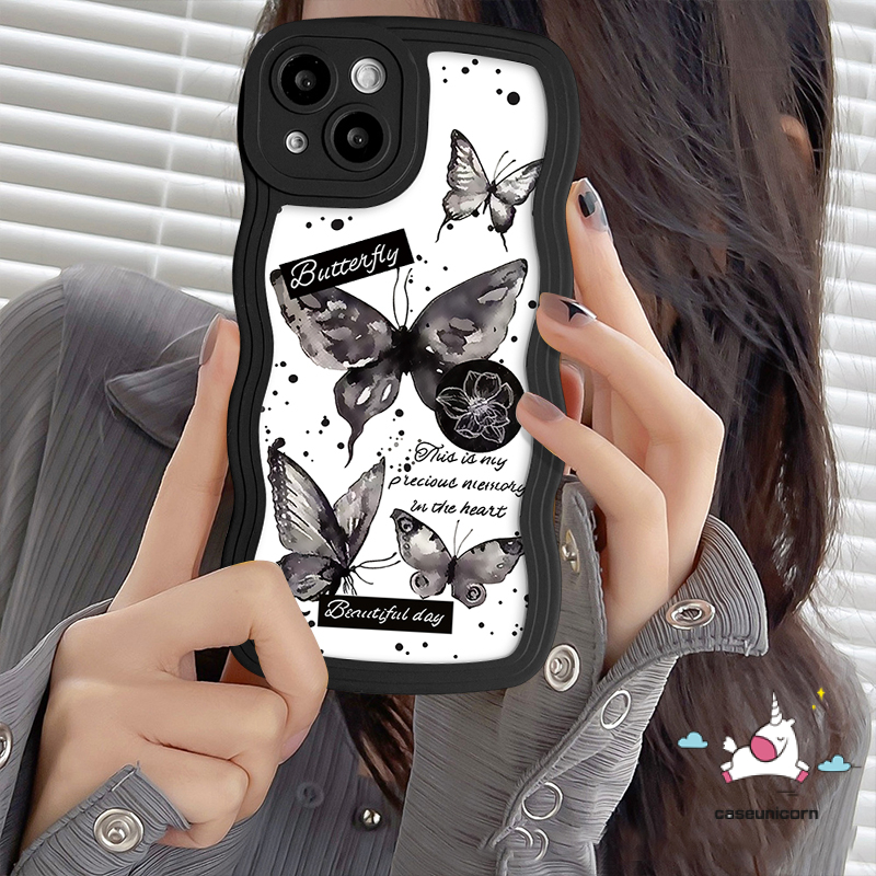 Untuk Realme C53 9i 10 C55 C30 C25 C35 C12 C15 5 6i C21Y C33 C11 C25Y C25s 8 8i 7i 5i 7 5s C20 8Pro C20A 9Pro+ 9 C3 C17 Mewah Hitam Retro Busur-Simpul Kupu-Kupu Lembut Bergelombang Tepi Casing Belakang