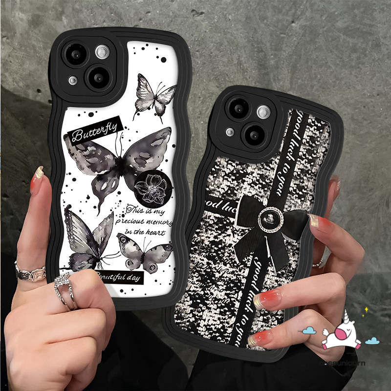 Casing Ponsel Kompatibel Untuk iPhone 7Plus 6s 6 7 8 Plus 11 13 12 14 Pro Max XR X XS Max14 Plus SE 2020 Mewah Hitam Retro Busur-Simpul Kupu-Kupu Lembut Bergelombang Tepi Penutup Belakang