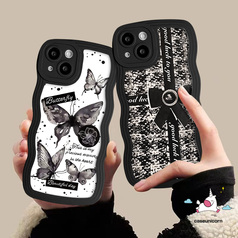 Casing Ponsel Kompatibel Untuk iPhone 7Plus 6s 6 7 8 Plus 11 13 12 14 Pro Max XR X XS Max14 Plus SE 2020 Mewah Hitam Retro Busur-Simpul Kupu-Kupu Lembut Bergelombang Tepi Penutup Belakang