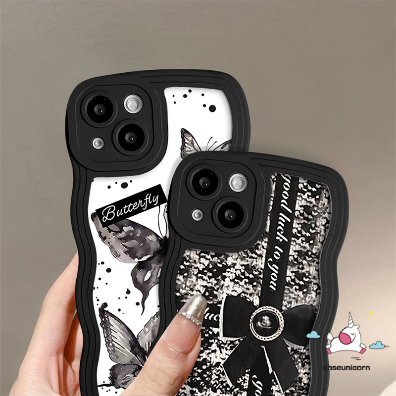 Case Untuk Redmi 12C A110 9A 10C 9T 9a1+10A 9C POCO X3 NFC Pro M3 Redmi Note10 10s 11 11s 8 9 11Pro 9s 10Pro Mi 11T Pro Mewah Hitam Retro Bow-Knot Butterfly Lembut Bergelombang Co Pinggir