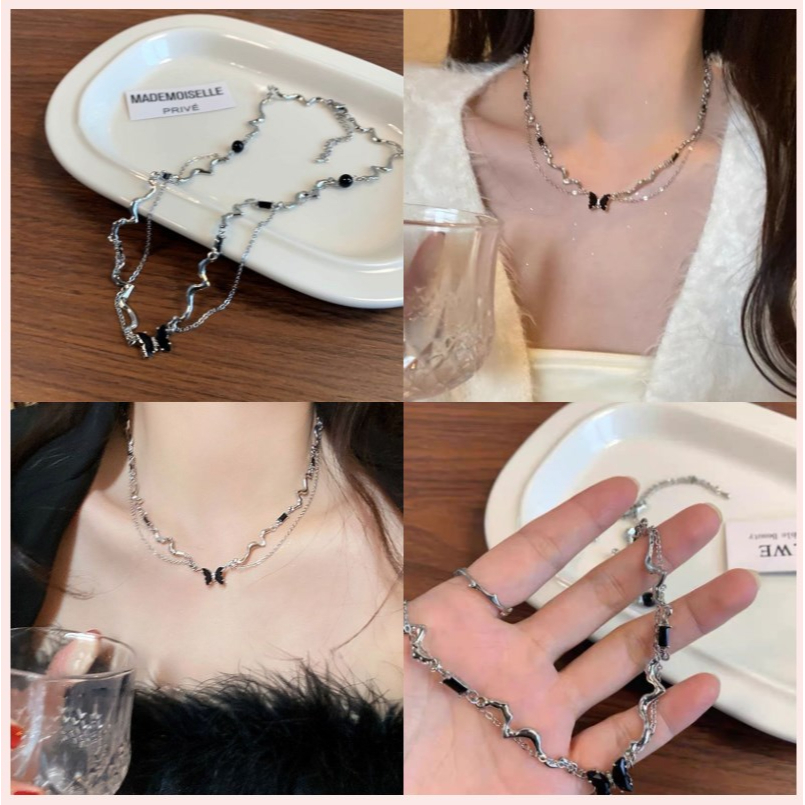 【Bayar di tempat】Kalung Kupu-Kupu Pola Gelombang Perempuan Manis Keren Desain Rantai Tulang Selangka High-end Necklace