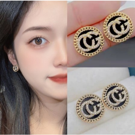 【Bayar di tempat】Anting sterling silver Bentuk Bulat Kecil Desain Huruf G Aksen Berlian Gaya Eropa Amerika