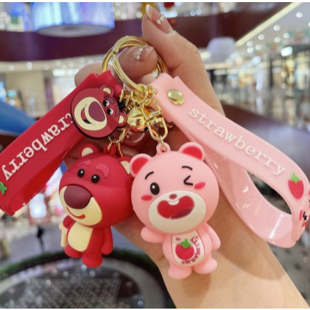 【Bayar di tempat】Boneka Gantungan Kunci Kartun Lucu Strawberry Bear Gantungan Kunci Silikon