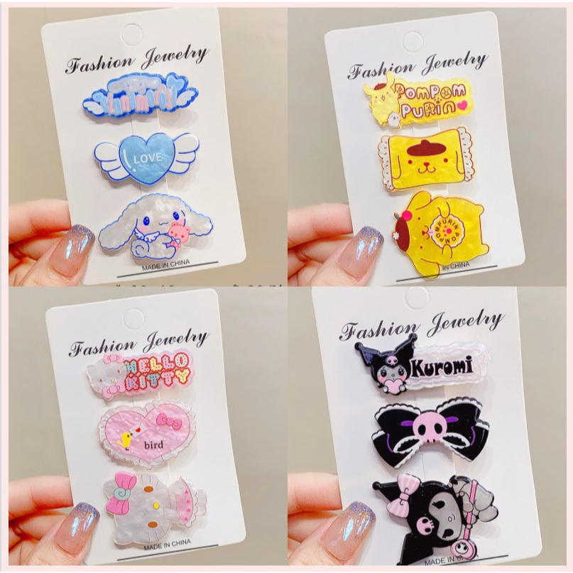 【Bayar di tempat】(3PCS) JEPIT RAMBUT GLOSSY SANRIO / JEPIT PONI RAMBUT KARTUN JEPANG LUCU CINNAMOROLL KUROMI MELODY POMPURIN