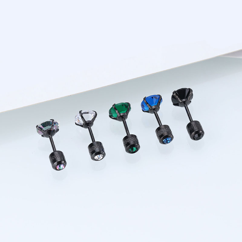 [ACKER] 6mm 1pasang Anting Tusuk Titanium Stainless Multicolor Diamond AAA+Zircon Warna Hitam Untuk Pria/Wanita