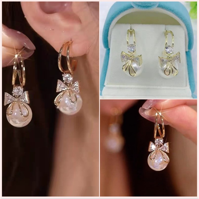 【Bayar di tempat】Chink Bow Pearl Earrings Anting Mutiara Perempuan Dasi Kupu Sederhana Bentuk