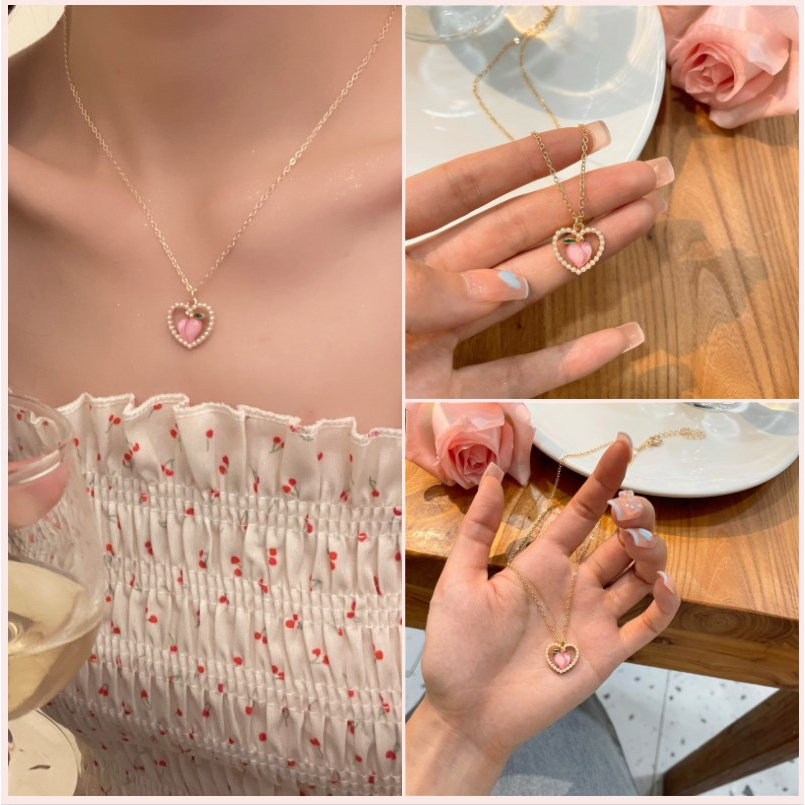 【Bayar di tempat】Gelang Tangan Rantai Wanita Desain Hati Hollow Hias Mutiara Warna Pink Peach Gaya Korea