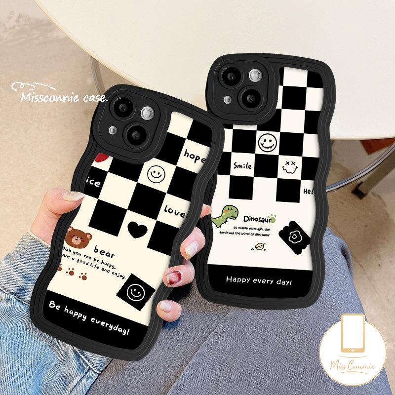 Casing Papan Catur Untuk Samsung A14 A13 A04 A04s A50 A12 A23 A04E A33 A03s A31 A32 A50s A21s A53 A52 A11 A30s A22 A52s A51 A02s A20 M32 Lembut Kartun Senyum Dinosaurus Kotak-Kotak Bergelombang Edge Case