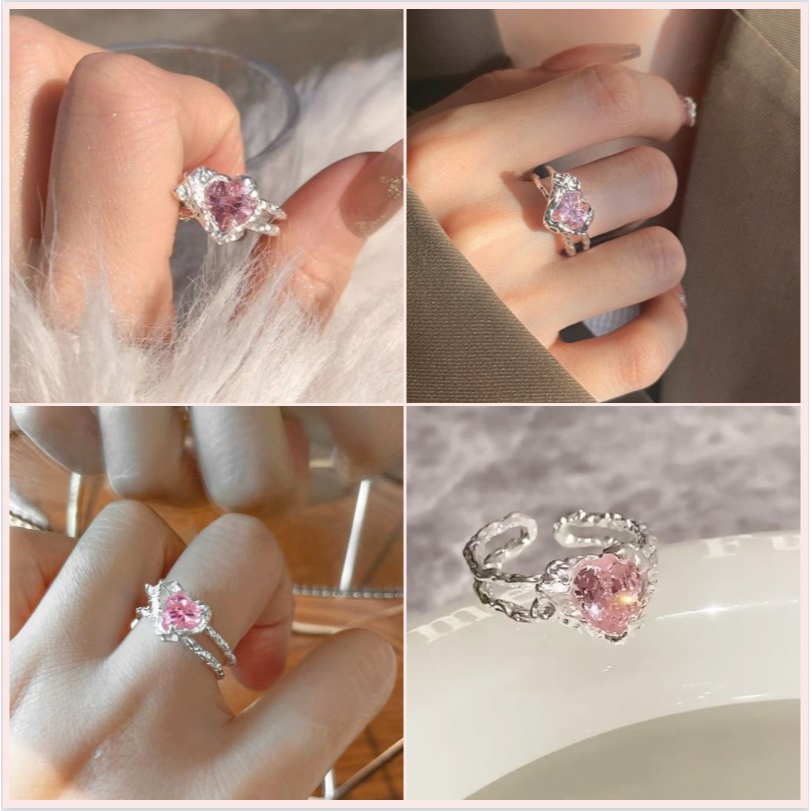 【Bayar di tempat】Batu Permata Terbuka Cincin Untuk Wanita Sayap Malaikat Bubuk Kristal Hati Drop Minyak Cincin Set Fashion Perhiasan Aksesoris