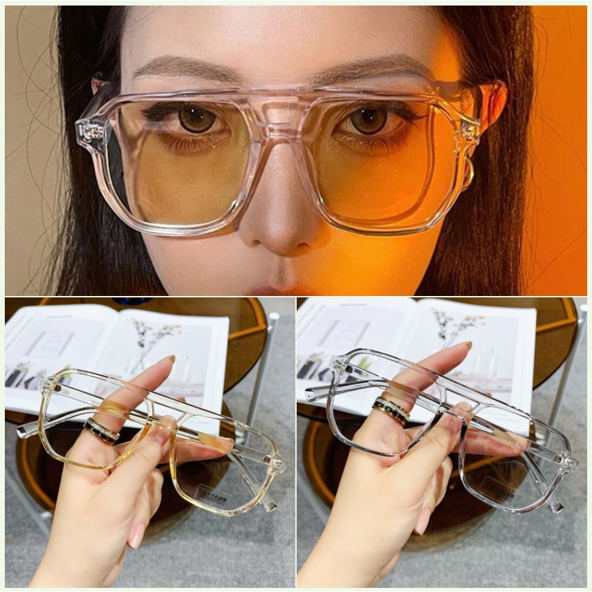 【Bayar di tempat】2023 gaya baru bintang yang sama Kacamata Hitam Kotak Bingkai Besar Balok Ganda Trendy Retro Fashionable Sunglasses Untuk Wanita