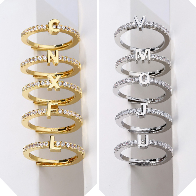 Rinhoo 26huruf Fashion Micro Set Zirkon Terbuka Dapat Disesuaikan Cincin925 Perak Cincin