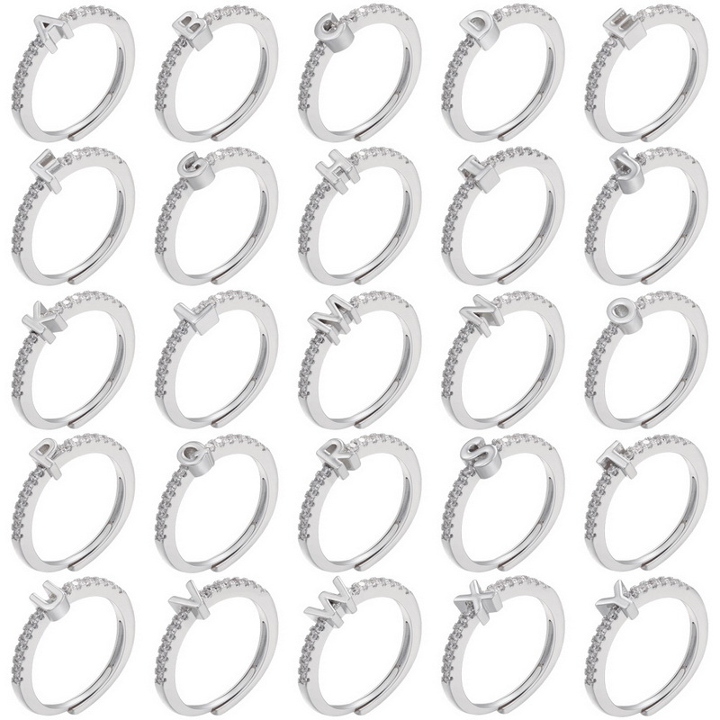 Rinhoo 26huruf Fashion Micro Set Zirkon Terbuka Dapat Disesuaikan Cincin925 Perak Cincin