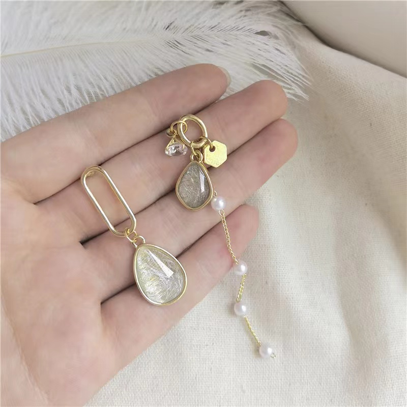 Anting Tusuk Gantung Panjang silver S925 Wanita Desain Tetesan Air Asimetris Hias Mutiara resin