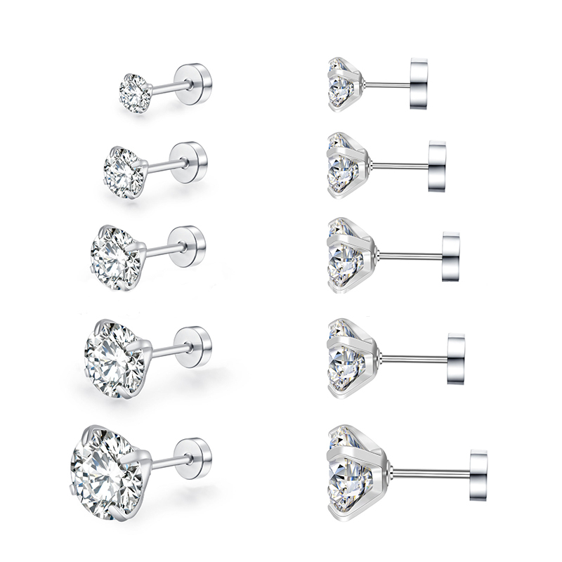 [ACKER] 3-8mm 1pasang925silver Cubic Zirconia Titanium Stainless Berlian AAA+Zircon Stud Earrings Untuk Wanita/Pria