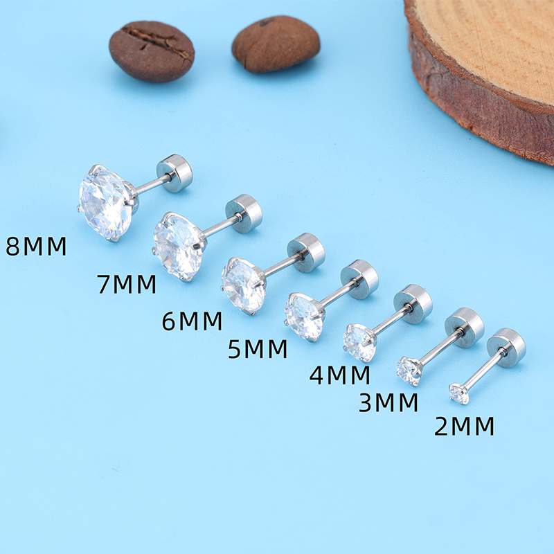 [ACKER] 3-8mm 1pasang925silver Cubic Zirconia Titanium Stainless Berlian AAA+Zircon Stud Earrings Untuk Wanita/Pria