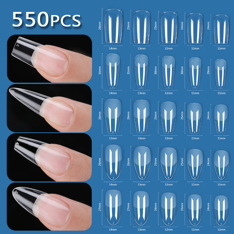 550pcs/box Tekan Pada Kuku Tips Kuku Peti Mati Bening Penutup Penuh Kuku Palsu Buatan UV Gel Nails Fake Tips Capsule Extension Manicure Tool