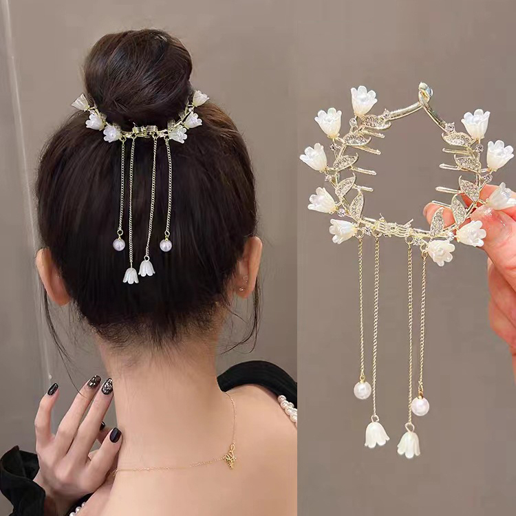 Jepit Rambut Ponytail Bahan Alloy Aksen Mutiara Berlian Imitasi Gaya Korea Untuk Wanita