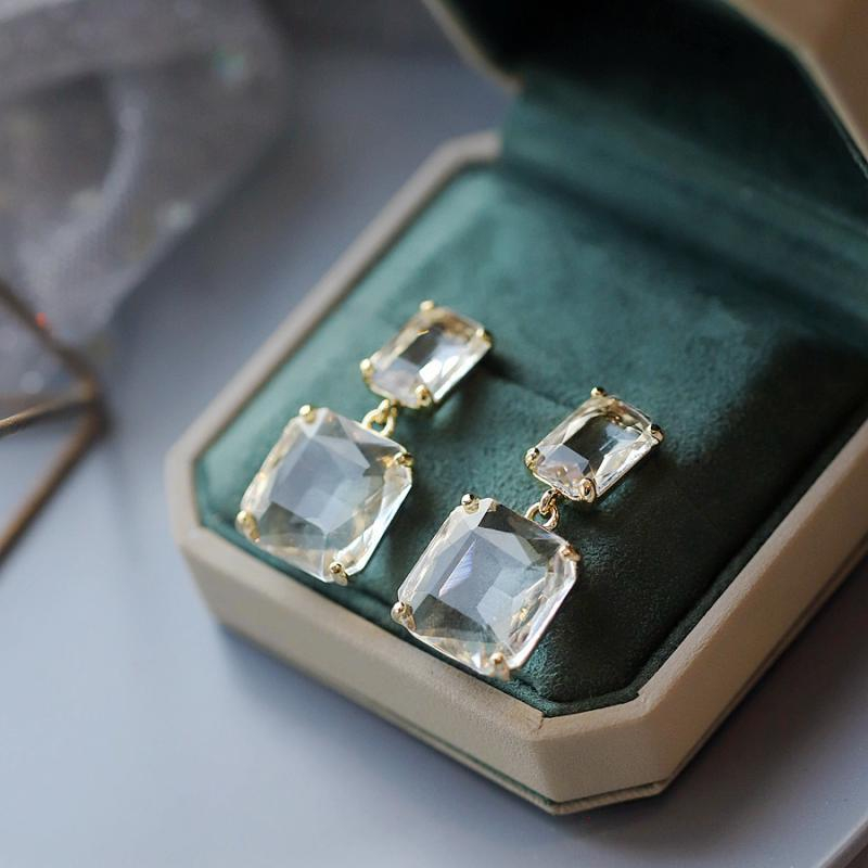 Anting Kristal Persegi Buatan Transparan Perempuan Korea elegance