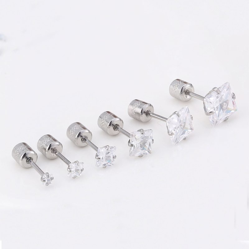 [ACKER] 2-8mm 1pasang925silver Titanium Stainless Persegi Cubic Zirconia Berlian AAA+Zircon Stud Earrings Untuk Wanita/Pria