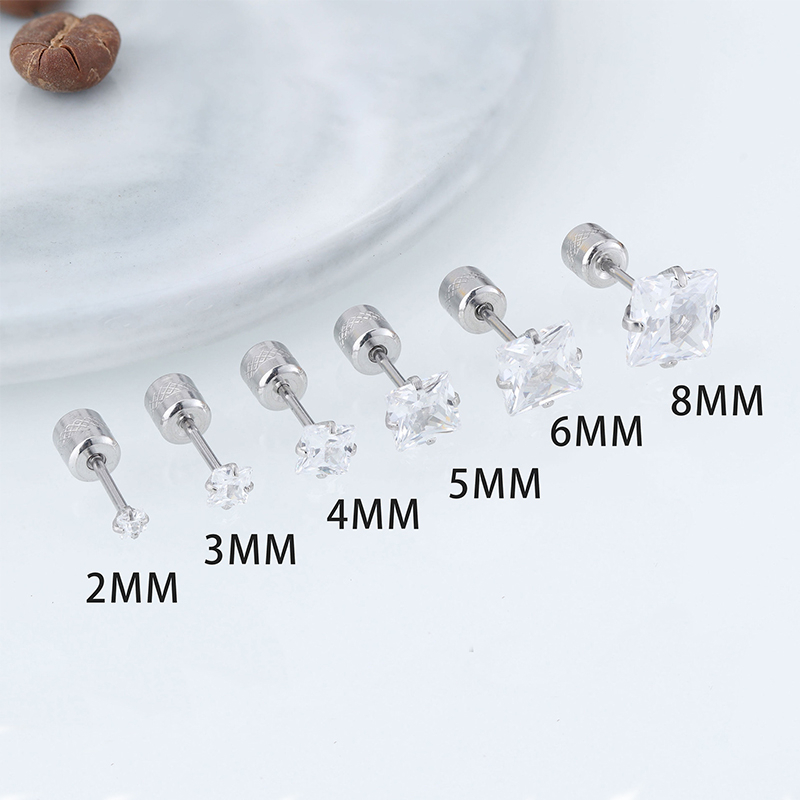 [ACKER] 2-8mm 1pasang925silver Titanium Stainless Persegi Cubic Zirconia Berlian AAA+Zircon Stud Earrings Untuk Wanita/Pria