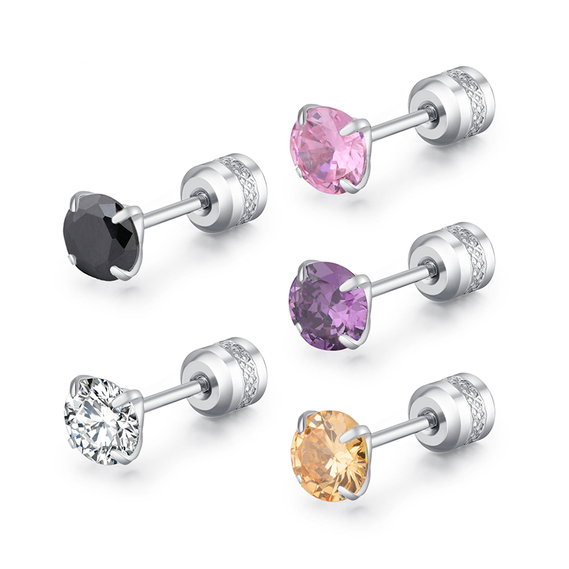 [ACKER] 5mm 1pasang 925silver Titanium Stainless Cubic Zirconia Multicolor Berlian AAA+Zircon Anting Tusuk Untuk Wanita/Pria