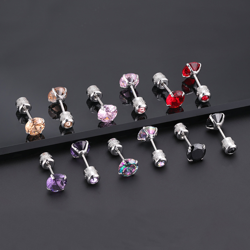 [ACKER] 5mm 1pasang 925silver Titanium Stainless Cubic Zirconia Multicolor Berlian AAA+Zircon Anting Tusuk Untuk Wanita/Pria