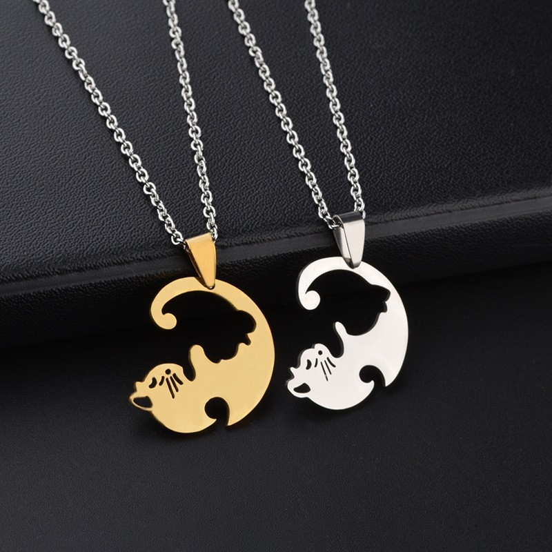 Kalung Liontin Kucing Hitam Putih Bahan Stainless Steel Untuk Pasangan