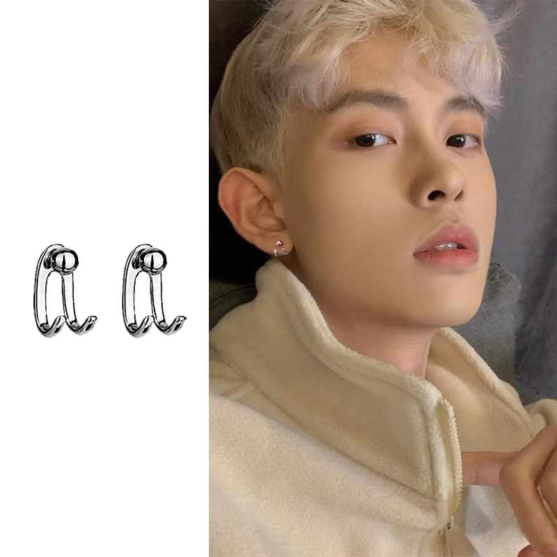 Anting Baris Ganda Geometris Perak Pria Dan Wanita vintage hip hop Korea Aksesoris