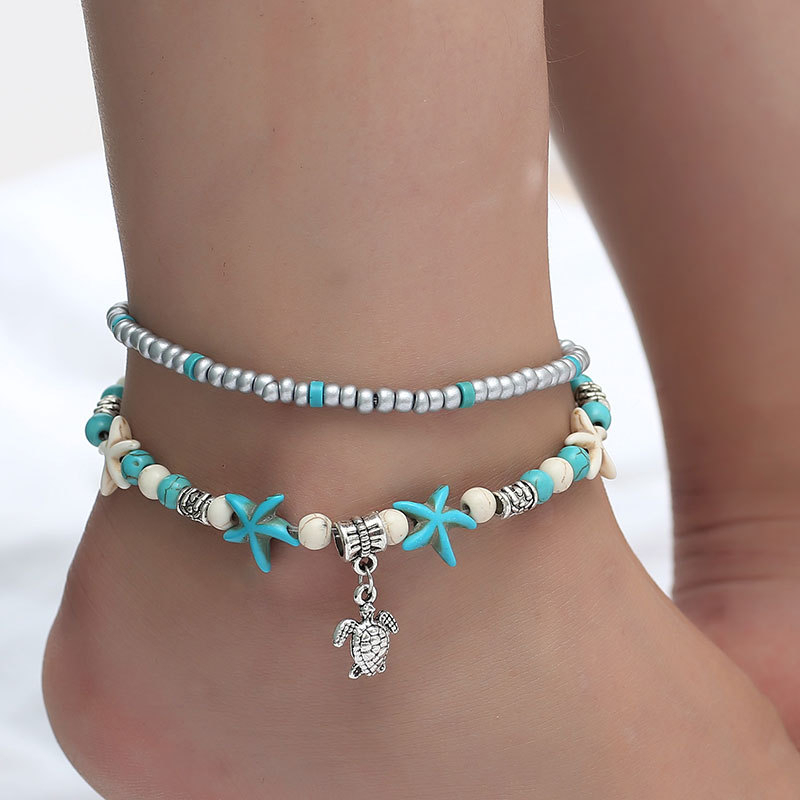 Gelang Kaki Fashion Gaya Bohemian Penyu Laut Pantai Bintang Laut Mutiara Retro Gelang Kaki Pria Wanita Anklet