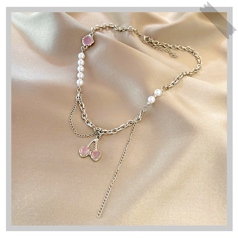 【COD】Cherry Pearl Splicing Necklace Musim Panas Gaya Manis Keren Ringan Mewah Rantai Tulang Selangka Metal