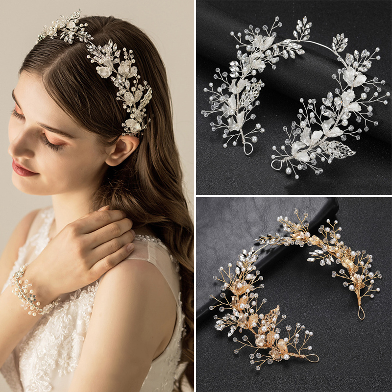 Hiasan Kepala Pengantin Bahan Alloy Emas Bentuk Daun Handmade Pearl Hair Band