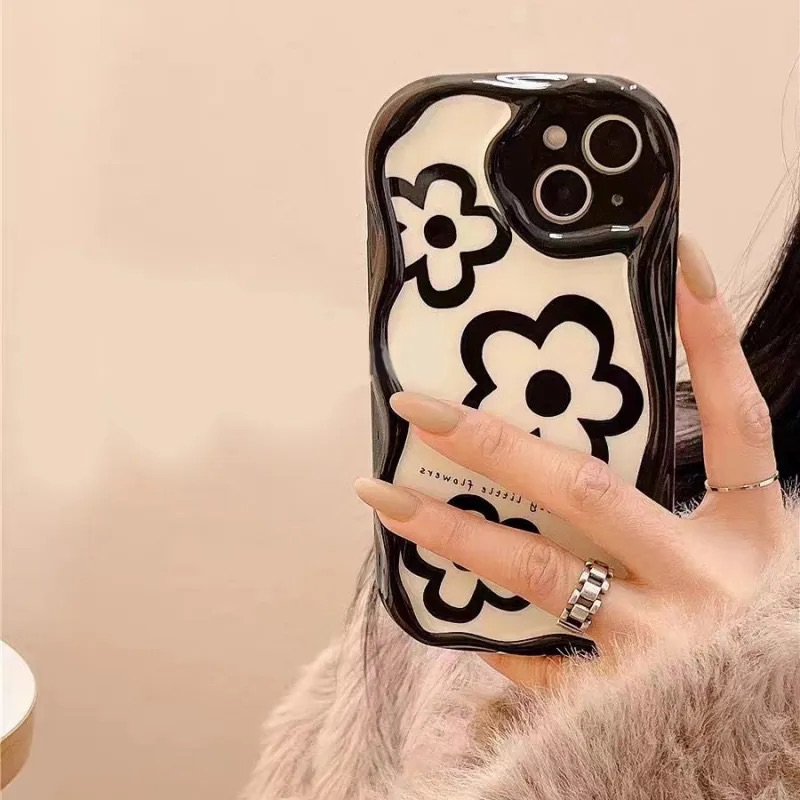 Casing Ponsel Tepi Melengkung Bergelombang 3D Kompatibel Untuk iPhone 7Plus 11 14 13 12 Pro Max XR 6s 6 7 8 Plus X XS Max SE 2020 Retro Bunga Airbag Glossy Tpu Lembut Shockproof Ungu Cover