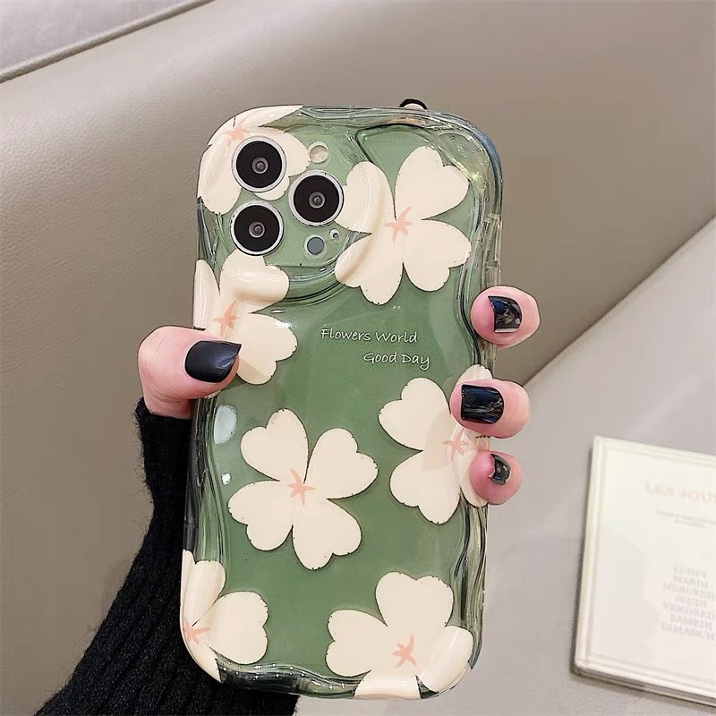 Casing Simple Tiga Bunga Glossy Kompatibel Untuk IPhone 7Plus XR 11 Pro Max 6s 8 6 7 Plus 13 14 12 Pro Max X XS Max SE 2020 3D Wavy Curved Edge White Shockproof Airbag Soft Cover