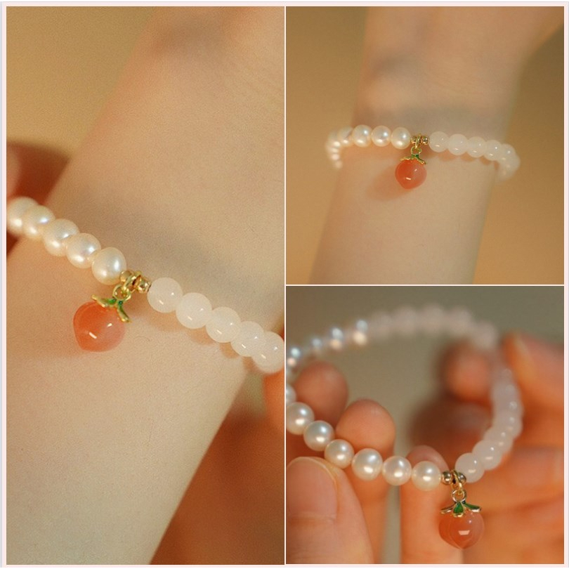 【Bayar di tempat】Kepribadian Sederhana Desain Lembut Mutiara Splicing Peach Gelang Batu Akik Dua Lapis Gelang